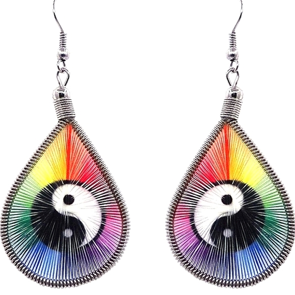 Artisan Other - VEUC Yin Yang Graphic Silk Thread Teardrop Dangle Earrings Rainbow Colors